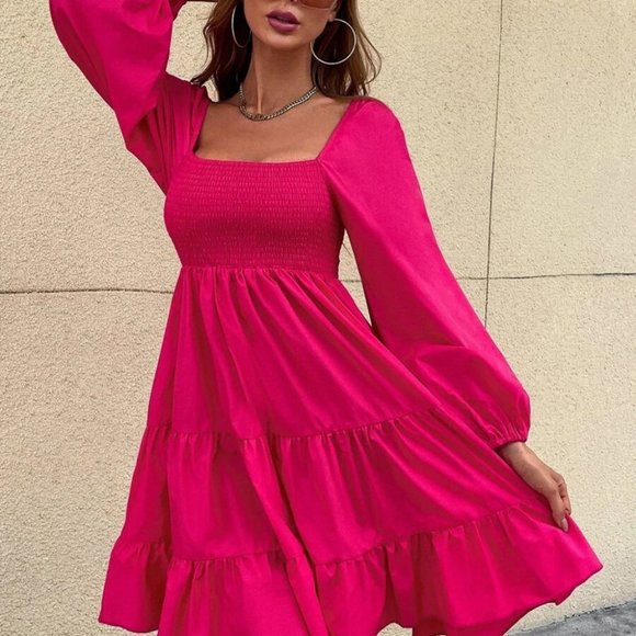 HOT PINK Shirred Lantern Sleeve Ruffle Hem Dress - Picture 2 of 5